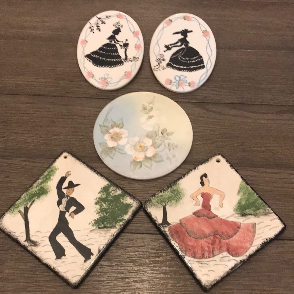 Vintage wheeling pottery tiles 1950’s flamenco dancers silhouette floral 5 pcs